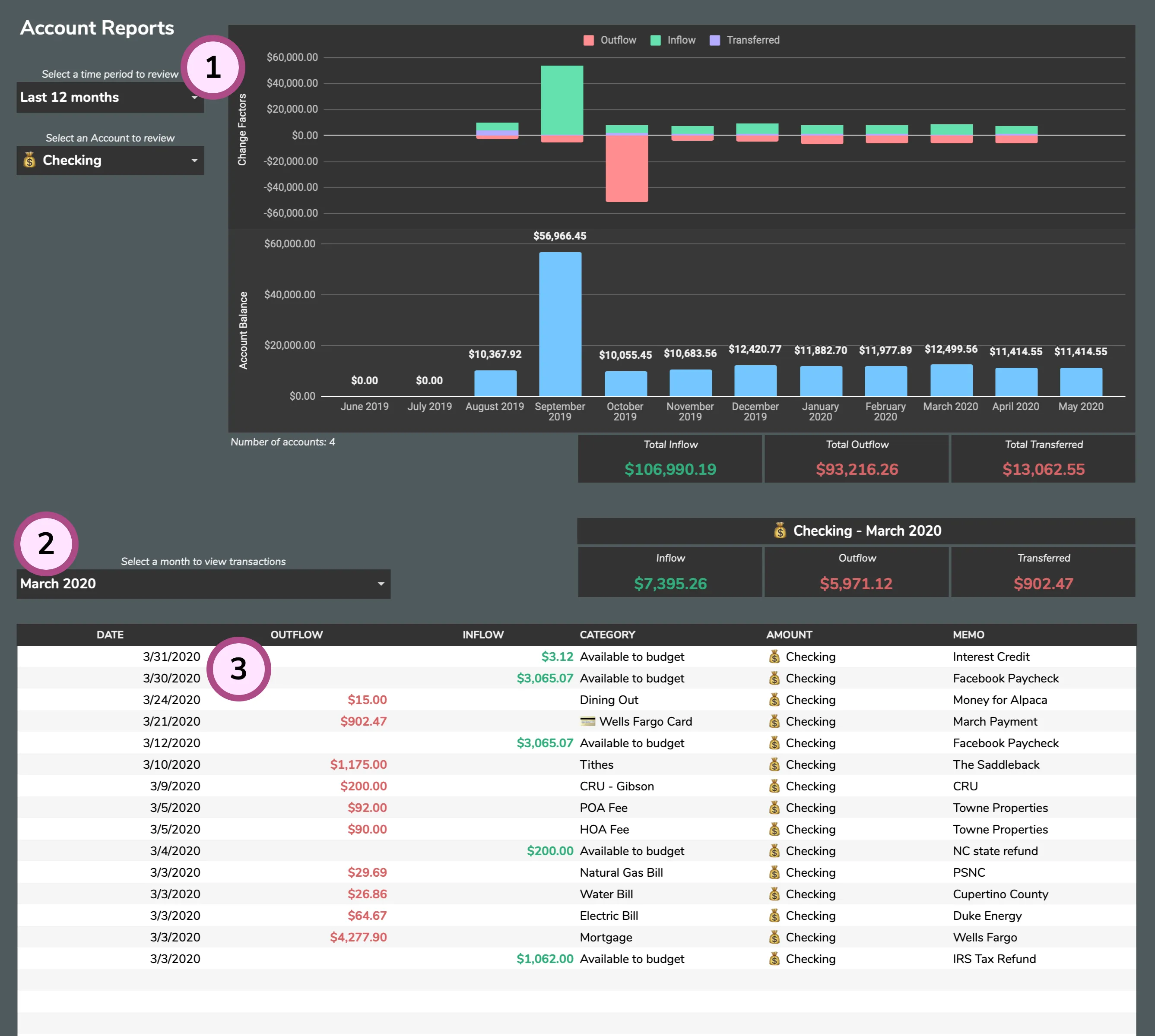 Account Reports tab showing account balance history and monthly activity