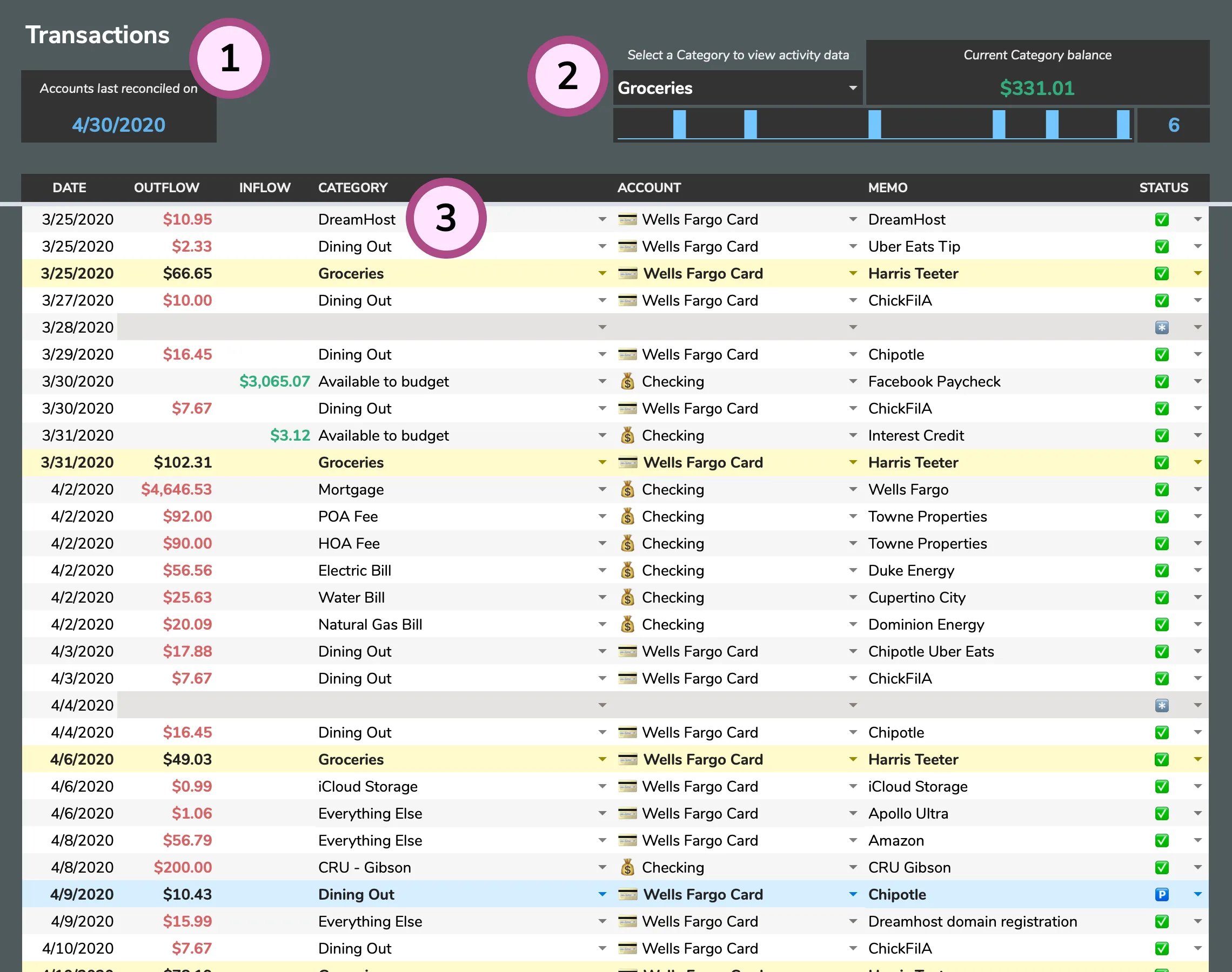 Aspire Budgeting Transactions tab showing logged transactions with categories and accounts