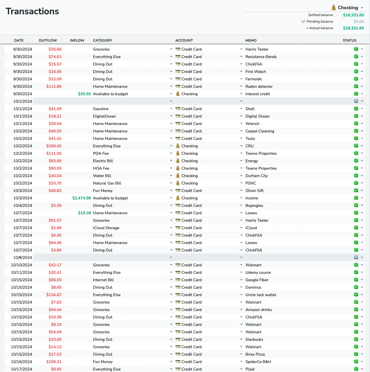 Aspire Budgeting Transactions — Google Sheets budget spreadsheet feature